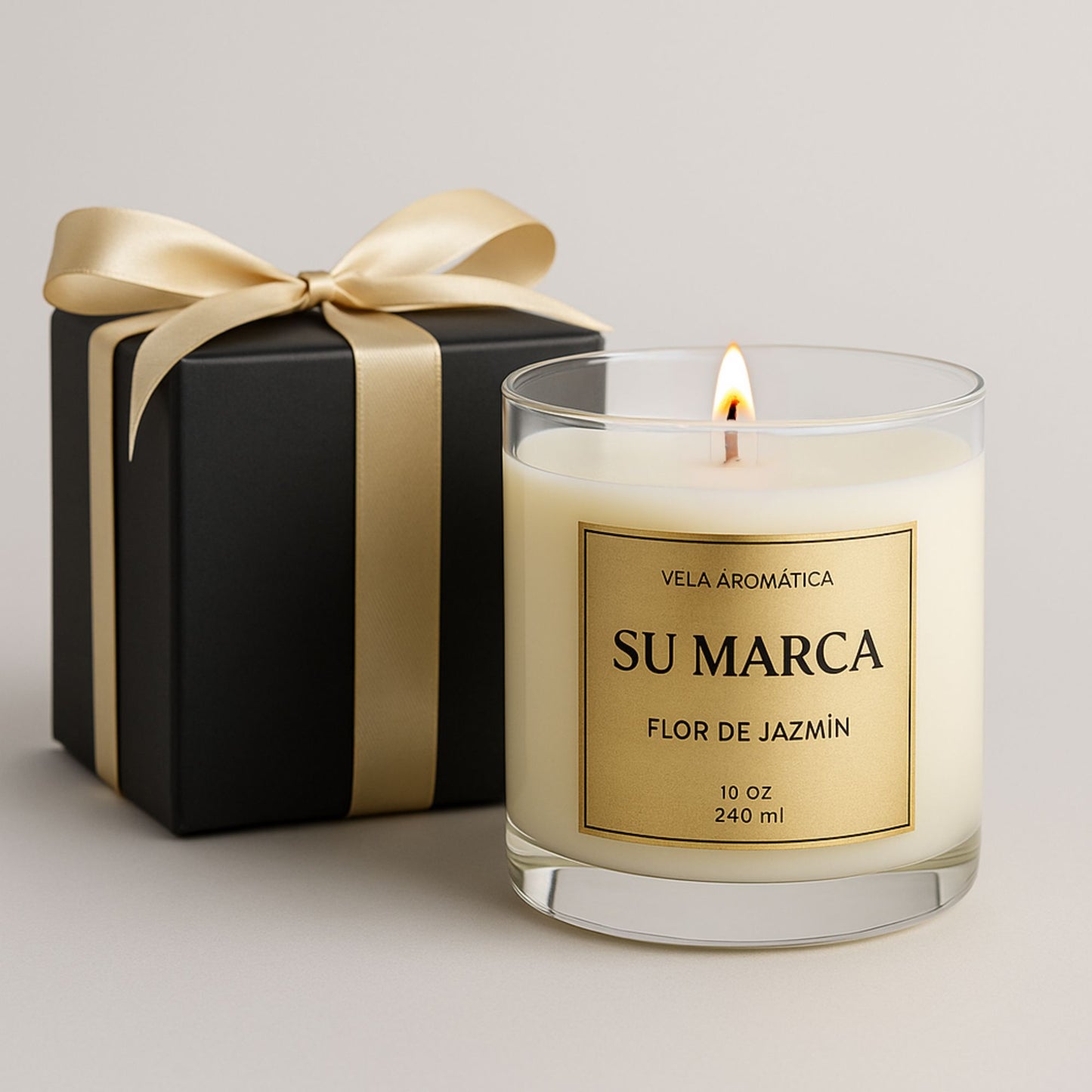 Vela Personalizada en Vaso de vidrio transparente  10 OZ|290 ml con caja negra (Mayoreo +24 pzas)